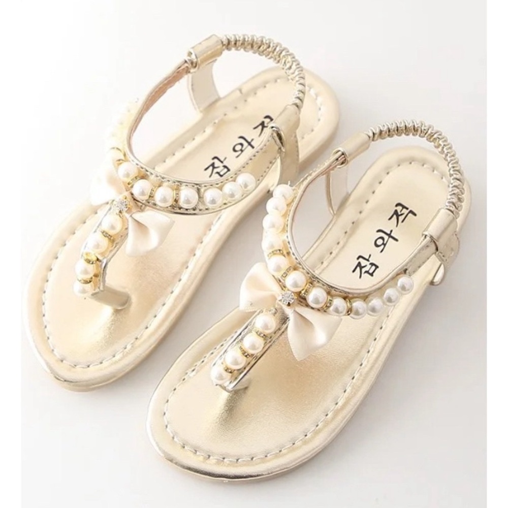 🆕 Girl’s Gold Bowknot Pearl Princess Sandals